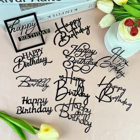 10 PCS Silver Happy Birthday Acrylic Cake Toppers Mirrored Side Cake Decorations Inserts 10 Styles (Black) in Saudi Arabia