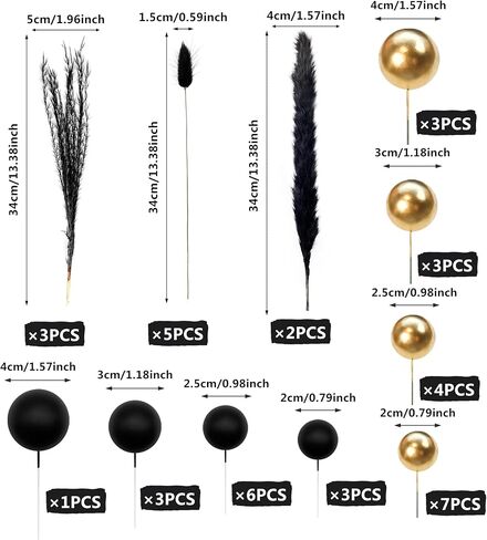 40 PCS Black Gold Cake Toppers Ball Cake Decoration Boho Bunny Tails Reed Grass Cake Decoration for Boho Wedding Birthday Baby Shower Party Cake Decoration Supplies in Saudi Arabia