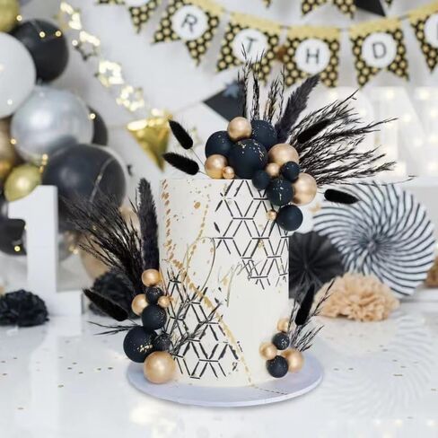 40 PCS Black Gold Cake Toppers Ball Cake Decoration Boho Bunny Tails Reed Grass Cake Decoration for Boho Wedding Birthday Baby Shower Party Cake Decoration Supplies in Saudi Arabia