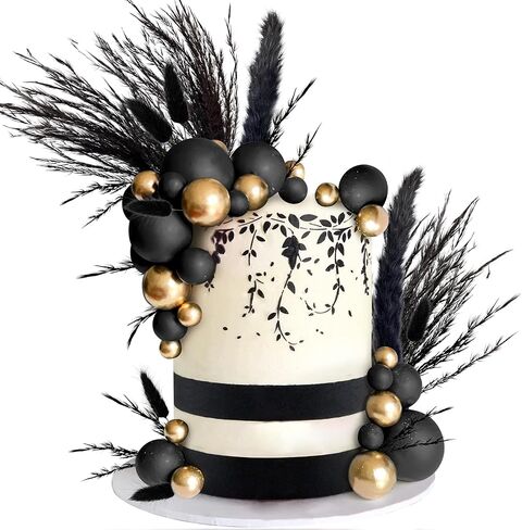 40 PCS Black Gold Cake Toppers Ball Cake Decoration Boho Bunny Tails Reed Grass Cake Decoration for Boho Wedding Birthday Baby Shower Party Cake Decoration Supplies in Saudi Arabia