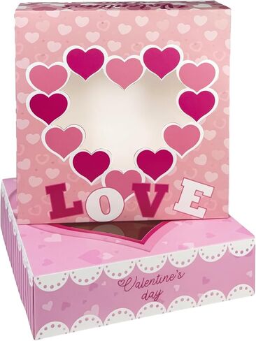 qiqee Valentine Cookie Box with Window 12x8x2.5 inch 24 Packs Two Uses One Second Folding Pastry Biscuit Valentine's Day Bakery Box for Packaging Auto-pop up in Saudi Arabia
