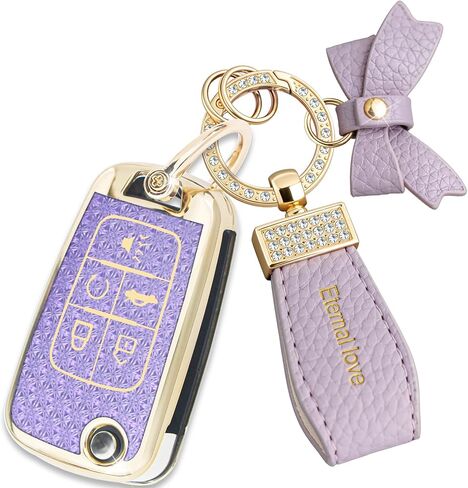 Fit for GMC Buick Key Fob Cover with Diamond Keychain, Compatible with Chevy Cruze Camaro Malibu Equinox Impala Buick Encore Regal GMC Flip Folding Key for Women (5 Buttons—Pink Bowknot) in Saudi Arabia