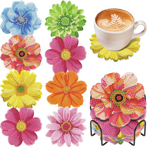 8 Pcs Flower Diamond Art Coasters Kit with Holder for Adults, DIY Diamond Painting Coasters with Cork Backing, Non-Slip Floral Gem Art Coaster for Home Decor & Gifts in Saudi Arabia