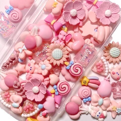 70 Pcs Pink Animals Flowers Slime Charms Kit, Assorted Cute Heart Bow Resin Charm, Bulk Mixed Cartoon Phone Case Flatback Decoden Charms Embellishments in Kuwait