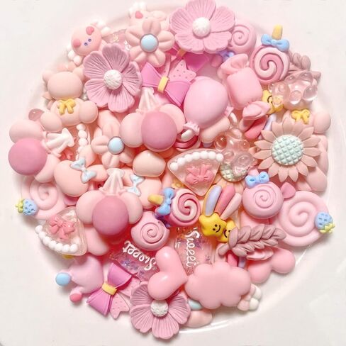 70 Pcs Pink Animals Flowers Slime Charms Kit, Assorted Cute Heart Bow Resin Charm, Bulk Mixed Cartoon Phone Case Flatback Decoden Charms Embellishments in Kuwait