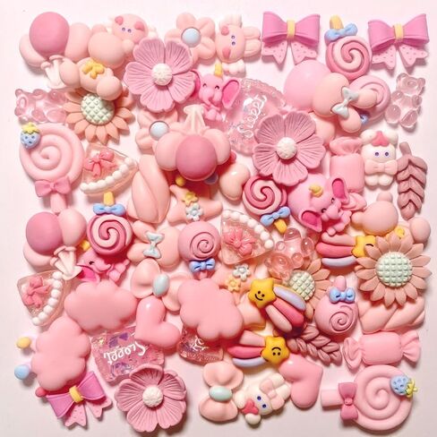 70 Pcs Pink Animals Flowers Slime Charms Kit, Assorted Cute Heart Bow Resin Charm, Bulk Mixed Cartoon Phone Case Flatback Decoden Charms Embellishments in Kuwait