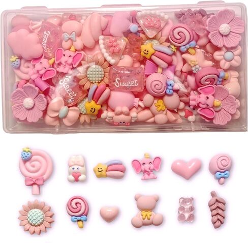 70 Pcs Pink Animals Flowers Slime Charms Kit, Assorted Cute Heart Bow Resin Charm, Bulk Mixed Cartoon Phone Case Flatback Decoden Charms Embellishments in Kuwait