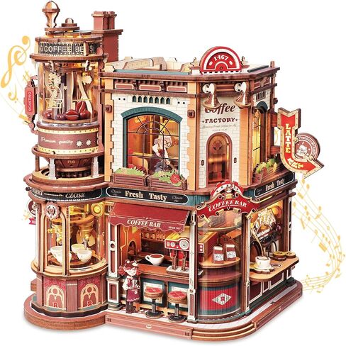 ROKR Moving Dream Coffee Factory DIY Miniature House Kit - 3D Wooden Puzzles for Adults with Music Box & LED Lights, No Glue Kinetic Model Building Kit, Unique Home Decor Gifts for Adults Women Men in Kuwait