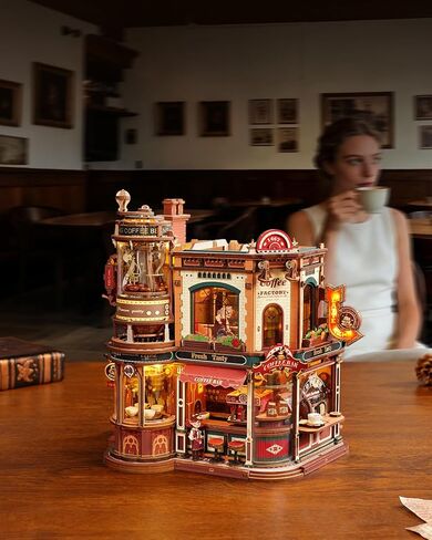 ROKR Moving Dream Coffee Factory DIY Miniature House Kit - 3D Wooden Puzzles for Adults with Music Box & LED Lights, No Glue Kinetic Model Building Kit, Unique Home Decor Gifts for Adults Women Men in Kuwait