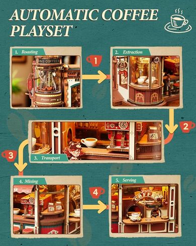 ROKR Moving Dream Coffee Factory DIY Miniature House Kit - 3D Wooden Puzzles for Adults with Music Box & LED Lights, No Glue Kinetic Model Building Kit, Unique Home Decor Gifts for Adults Women Men in Kuwait