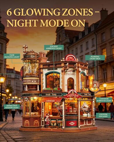 ROKR Moving Dream Coffee Factory DIY Miniature House Kit - 3D Wooden Puzzles for Adults with Music Box & LED Lights, No Glue Kinetic Model Building Kit, Unique Home Decor Gifts for Adults Women Men in Kuwait