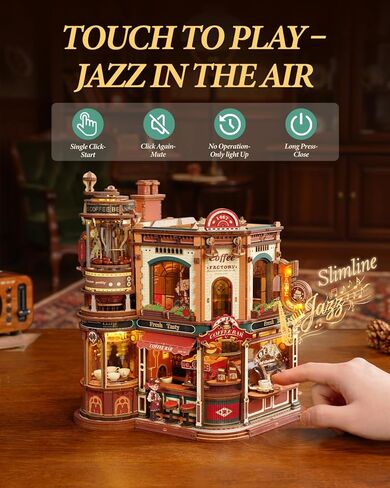 ROKR Moving Dream Coffee Factory DIY Miniature House Kit - 3D Wooden Puzzles for Adults with Music Box & LED Lights, No Glue Kinetic Model Building Kit, Unique Home Decor Gifts for Adults Women Men in Kuwait