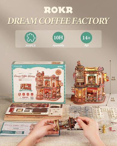 ROKR Moving Dream Coffee Factory DIY Miniature House Kit - 3D Wooden Puzzles for Adults with Music Box & LED Lights, No Glue Kinetic Model Building Kit, Unique Home Decor Gifts for Adults Women Men in Kuwait