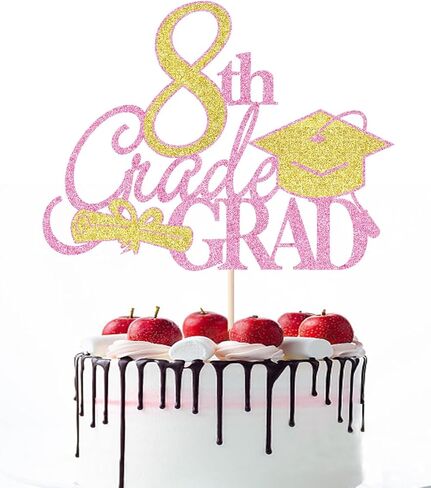 8th Grade Grad Cake Topper，Class Of 2026 Graduation Party Cake Decorations，Straight Outta 8th Grade Cake Topper，Boy Girl Kids Eighth Grade Graduation Party Decoration Supplies Pink in Saudi Arabia