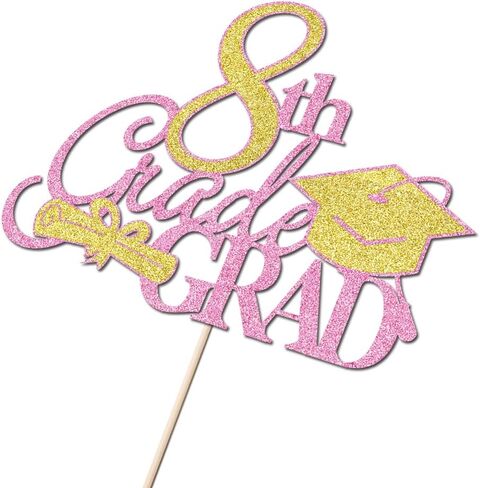 8th Grade Grad Cake Topper，Class Of 2026 Graduation Party Cake Decorations，Straight Outta 8th Grade Cake Topper，Boy Girl Kids Eighth Grade Graduation Party Decoration Supplies Pink in Saudi Arabia
