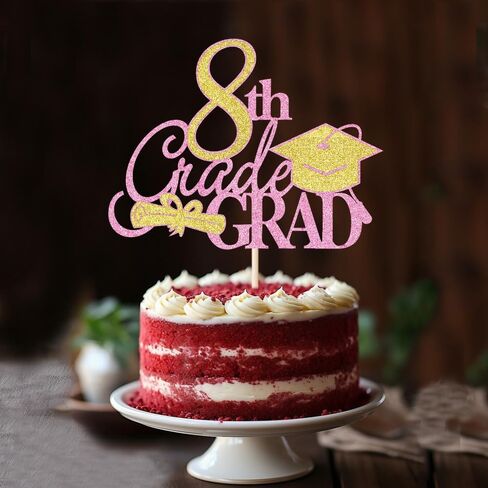 8th Grade Grad Cake Topper，Class Of 2026 Graduation Party Cake Decorations，Straight Outta 8th Grade Cake Topper，Boy Girl Kids Eighth Grade Graduation Party Decoration Supplies Pink in Saudi Arabia