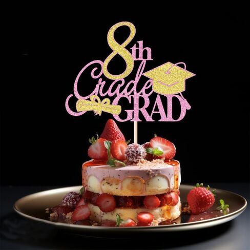 8th Grade Grad Cake Topper，Class Of 2026 Graduation Party Cake Decorations，Straight Outta 8th Grade Cake Topper，Boy Girl Kids Eighth Grade Graduation Party Decoration Supplies Pink in Saudi Arabia