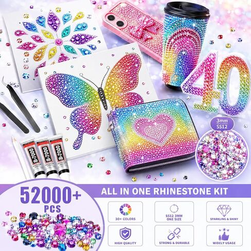 52000Pcs 40 Bedazzling Kit with Jelly Rhinestones, 3mm Flatback Resin Rhinestones with B7000 Glue, Nail bedazzler Gems, Rhinestone Kit for Crafts, Nail Art, Cloths and Shoe in Saudi Arabia