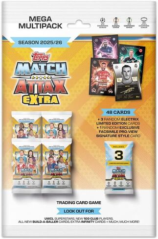 Topps UCC Match Attax Extra 2026 - Mega Multipack - تحتوي على 48 بطاقة بالإضافة إلى 3 بطاقات Electrix LE عشوائية وبطاقة Facsimile Pro-View Signature Style عشوائية. in Kuwait