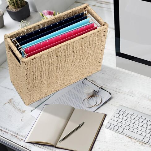14.6 x 5.9 x 10.8 Inch Large Decorative File Box, Decorative File Baskets for Seagrass Hanging Organizers Portable Letter Size Document, Folder Filing Cabinet with Lid for Home Office Decor in Saudi Arabia