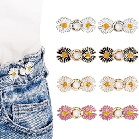 4Pcs Daisy Flower Jean Button Pins, Adjustable No-Sew Waist Tightener, Detachable Zinc Alloy Buttons for Loose Jeans in Kuwait