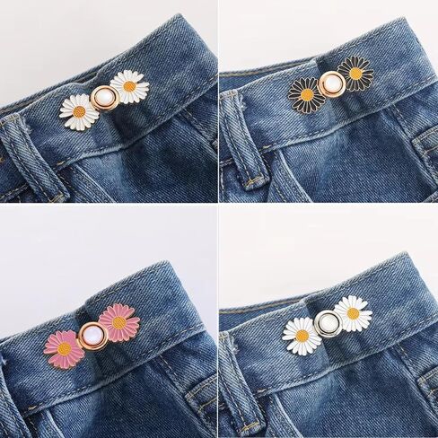 4Pcs Daisy Flower Jean Button Pins, Adjustable No-Sew Waist Tightener, Detachable Zinc Alloy Buttons for Loose Jeans in Kuwait