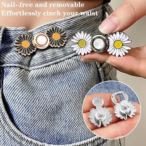 4Pcs Daisy Flower Jean Button Pins, Adjustable No-Sew Waist Tightener, Detachable Zinc Alloy Buttons for Loose Jeans in Kuwait