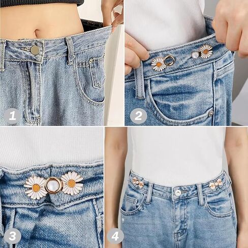 4Pcs Daisy Flower Jean Button Pins, Adjustable No-Sew Waist Tightener, Detachable Zinc Alloy Buttons for Loose Jeans in Kuwait