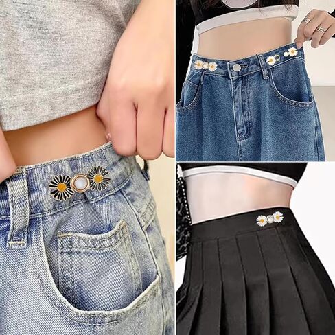 4Pcs Daisy Flower Jean Button Pins, Adjustable No-Sew Waist Tightener, Detachable Zinc Alloy Buttons for Loose Jeans in Kuwait