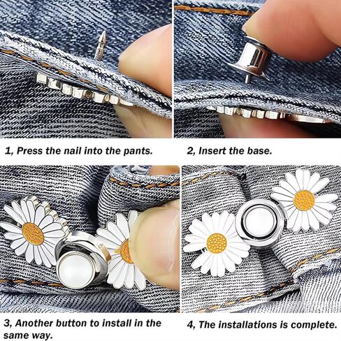 4Pcs Daisy Flower Jean Button Pins, Adjustable No-Sew Waist Tightener, Detachable Zinc Alloy Buttons for Loose Jeans in Kuwait