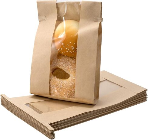 20 Pcs Bread Bags with Tin Tie Tab Lock, 9.8 * 4.7 * 2 Inches Brown Kraft Paper Bakery Bags with Window, Bread Loaf Packaging for Homemade Sourdough Baguette in Saudi Arabia