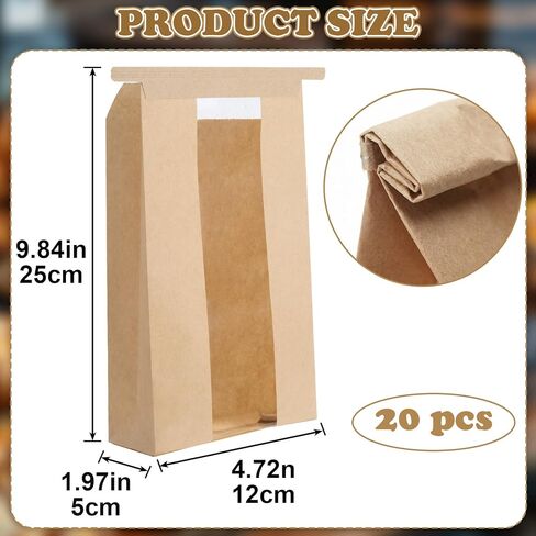 20 Pcs Bread Bags with Tin Tie Tab Lock, 9.8 * 4.7 * 2 Inches Brown Kraft Paper Bakery Bags with Window, Bread Loaf Packaging for Homemade Sourdough Baguette in Saudi Arabia