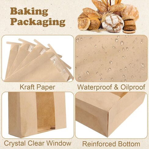 20 Pcs Bread Bags with Tin Tie Tab Lock, 9.8 * 4.7 * 2 Inches Brown Kraft Paper Bakery Bags with Window, Bread Loaf Packaging for Homemade Sourdough Baguette in Saudi Arabia