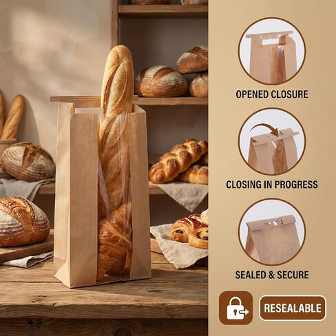 20 Pcs Bread Bags with Tin Tie Tab Lock, 9.8 * 4.7 * 2 Inches Brown Kraft Paper Bakery Bags with Window, Bread Loaf Packaging for Homemade Sourdough Baguette in Saudi Arabia