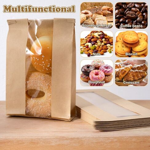 20 Pcs Bread Bags with Tin Tie Tab Lock, 9.8 * 4.7 * 2 Inches Brown Kraft Paper Bakery Bags with Window, Bread Loaf Packaging for Homemade Sourdough Baguette in Saudi Arabia