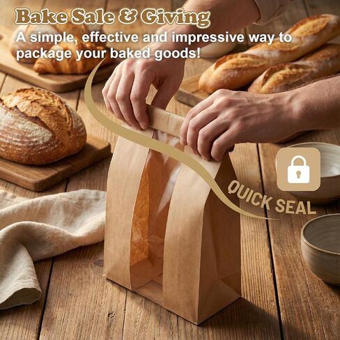 20 Pcs Bread Bags with Tin Tie Tab Lock, 9.8 * 4.7 * 2 Inches Brown Kraft Paper Bakery Bags with Window, Bread Loaf Packaging for Homemade Sourdough Baguette in Saudi Arabia