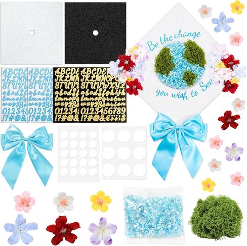 Graduation Cap Decoration DIY Kit Faux Assorted Flowers Light Blue Beads Bow Moss Glitter Alphabet Letter Number Decals Stickers for Earth Grad Hat Topper Blue White Graduation Party Supplies in Kuwait