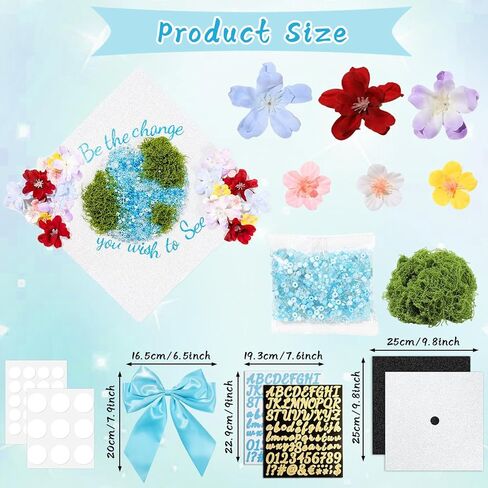 Graduation Cap Decoration DIY Kit Faux Assorted Flowers Light Blue Beads Bow Moss Glitter Alphabet Letter Number Decals Stickers for Earth Grad Hat Topper Blue White Graduation Party Supplies in Kuwait