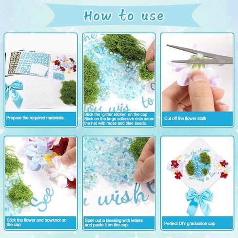 Graduation Cap Decoration DIY Kit Faux Assorted Flowers Light Blue Beads Bow Moss Glitter Alphabet Letter Number Decals Stickers for Earth Grad Hat Topper Blue White Graduation Party Supplies in Kuwait