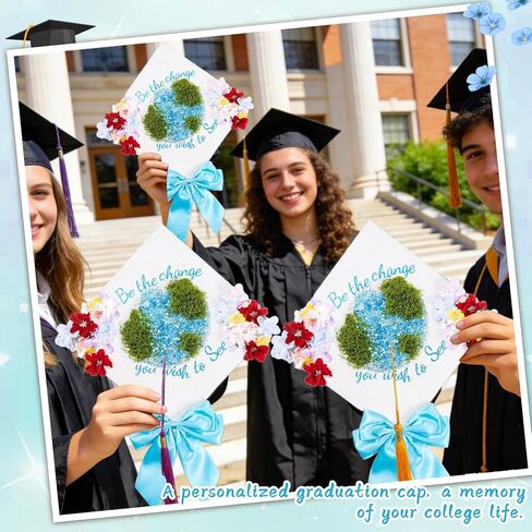 Graduation Cap Decoration DIY Kit Faux Assorted Flowers Light Blue Beads Bow Moss Glitter Alphabet Letter Number Decals Stickers for Earth Grad Hat Topper Blue White Graduation Party Supplies in Kuwait