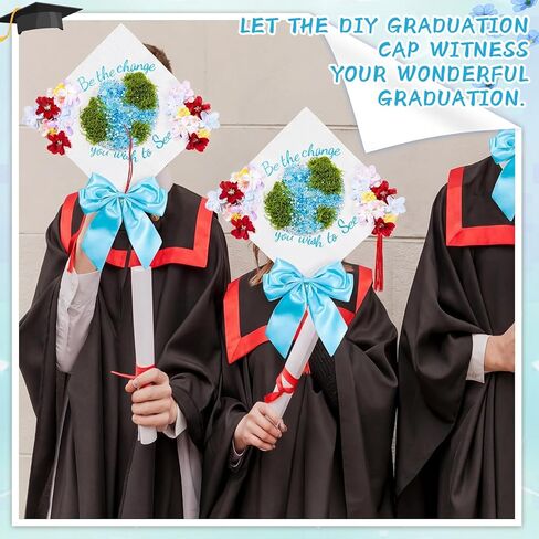 Graduation Cap Decoration DIY Kit Faux Assorted Flowers Light Blue Beads Bow Moss Glitter Alphabet Letter Number Decals Stickers for Earth Grad Hat Topper Blue White Graduation Party Supplies in Kuwait