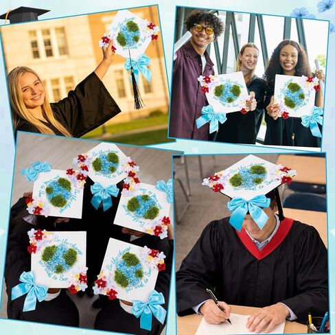Graduation Cap Decoration DIY Kit Faux Assorted Flowers Light Blue Beads Bow Moss Glitter Alphabet Letter Number Decals Stickers for Earth Grad Hat Topper Blue White Graduation Party Supplies in Kuwait