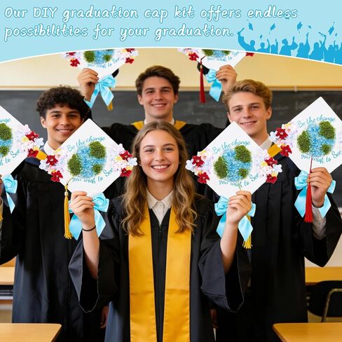 Graduation Cap Decoration DIY Kit Faux Assorted Flowers Light Blue Beads Bow Moss Glitter Alphabet Letter Number Decals Stickers for Earth Grad Hat Topper Blue White Graduation Party Supplies in Kuwait
