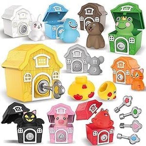 Animal Toys for Toddlers，Little People Farm,30 Piece Farm Animal Toys,10 Farm Animals and 10 Barns,10 Keys,Montessori Counting,Matching and Sorting Fine Motor Sensory Toys in Saudi Arabia