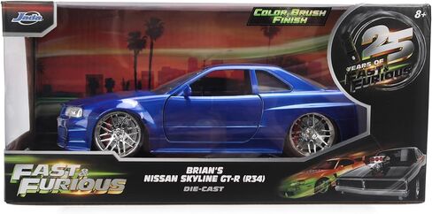 Jada Toys Fast & Furious 1:24 إصدار الذكرى السنوية 1999 Nissan Skyline GT-R (BNR34) سيارة مصبوبة - لمسة نهائية معدنية زرقاء مع غطاء رأس مفتوح وأبواب وصندوق السيارة in Kuwait