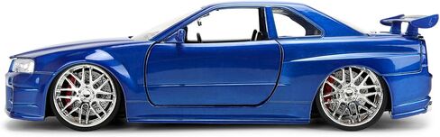 Jada Toys Fast & Furious 1:24 إصدار الذكرى السنوية 1999 Nissan Skyline GT-R (BNR34) سيارة مصبوبة - لمسة نهائية معدنية زرقاء مع غطاء رأس مفتوح وأبواب وصندوق السيارة in Kuwait