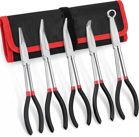 11 Inch 5Pcs Extra Long Needle Nose Pliers Set, Straight and 25°/45°/90°Bent, Circle Nose, Multi-Angle Tips for Tight Access, Long Nose Pliers for Narrow Spaces, Hard-to-Reach Areas, Precision Work in Saudi Arabia