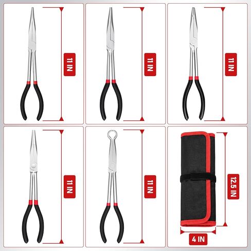 11 Inch 5Pcs Extra Long Needle Nose Pliers Set, Straight and 25°/45°/90°Bent, Circle Nose, Multi-Angle Tips for Tight Access, Long Nose Pliers for Narrow Spaces, Hard-to-Reach Areas, Precision Work in Saudi Arabia