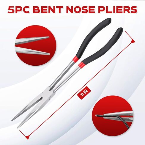 11 Inch 5Pcs Extra Long Needle Nose Pliers Set, Straight and 25°/45°/90°Bent, Circle Nose, Multi-Angle Tips for Tight Access, Long Nose Pliers for Narrow Spaces, Hard-to-Reach Areas, Precision Work in Saudi Arabia