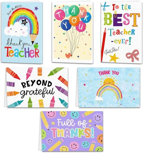 Teacher Appreciation Cards Set of 24 with Envelopes - 6 Assorted Thank You Teacher Cards, Teacher Appreciation Gifts Bulk, Cute Thank You Notes from Students in Kuwait